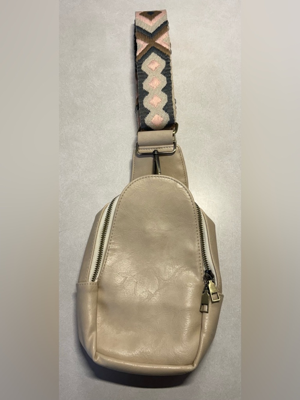 Neutral Beige Crossbody Sling Bag with Patterned Strap
